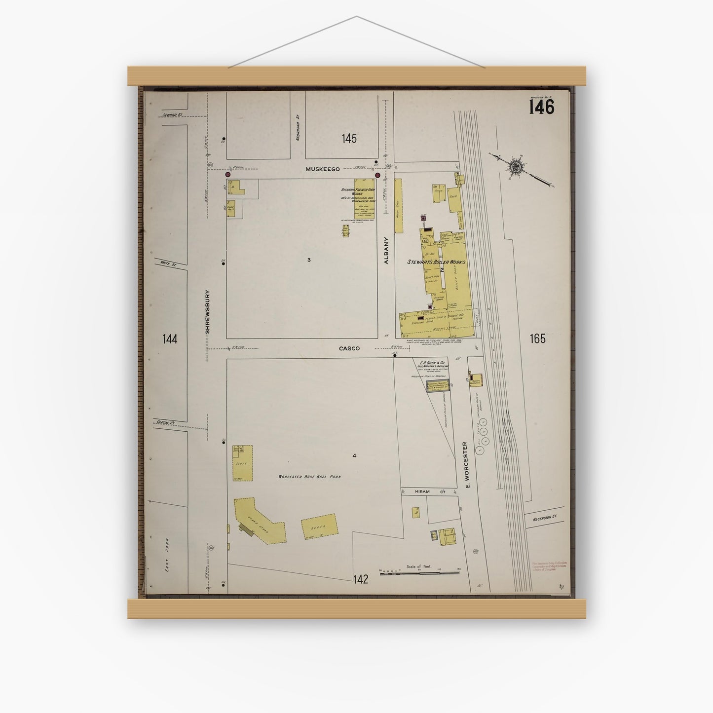 Old map wall art mockup — magnetic wood frame on white wall — Sanborn Fire Insurance Map from Worcester, Worcester County, Massachusetts (1910), Sheet #0146