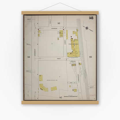 Old map wall art mockup — magnetic wood frame on white wall — Sanborn Fire Insurance Map from Worcester, Worcester County, Massachusetts (1910), Sheet #0146