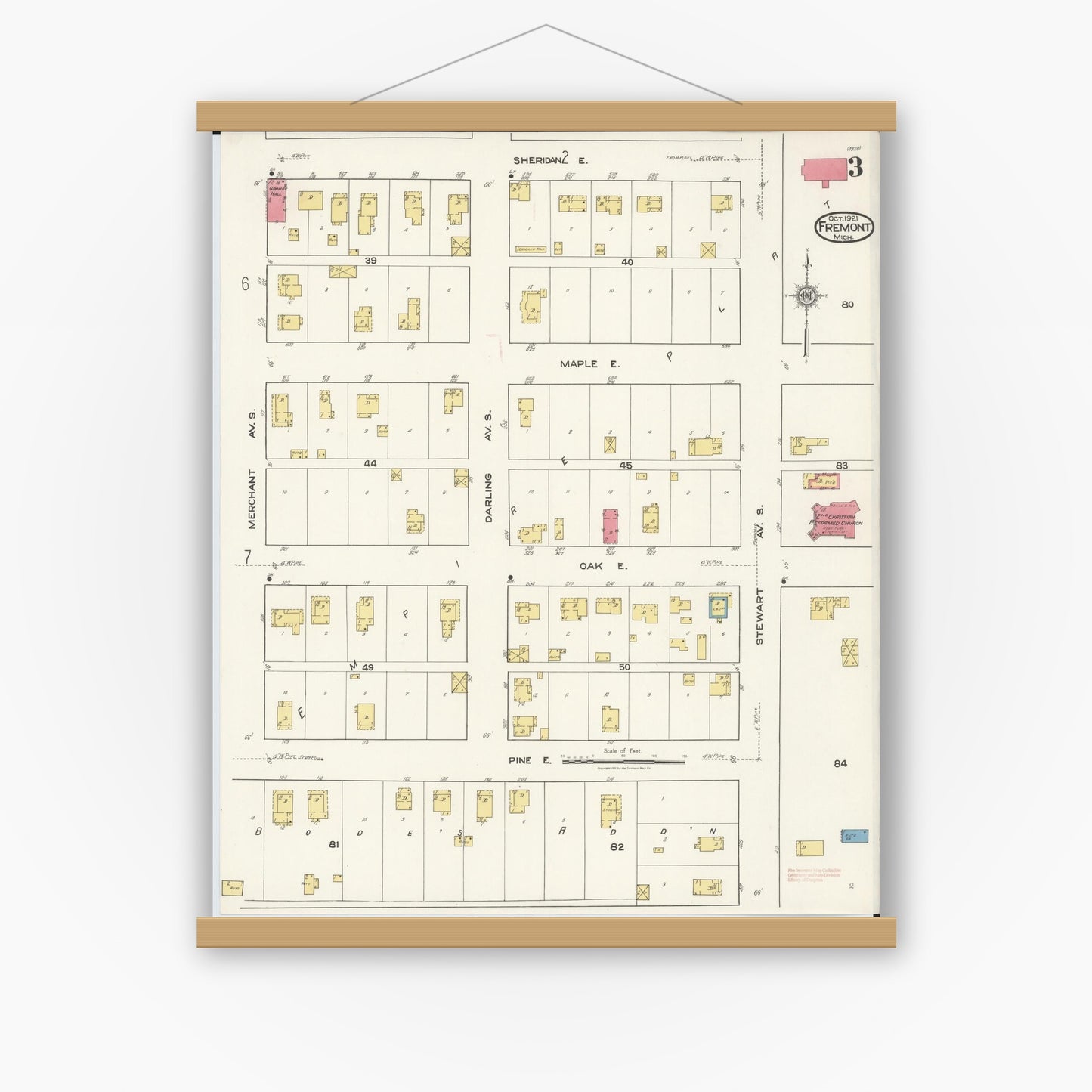 Old map wall art mockup — magnetic wood frame on white wall — Sanborn Fire Insurance Map from Fremont, Newaygo County, Michigan (1921), Sheet #0003