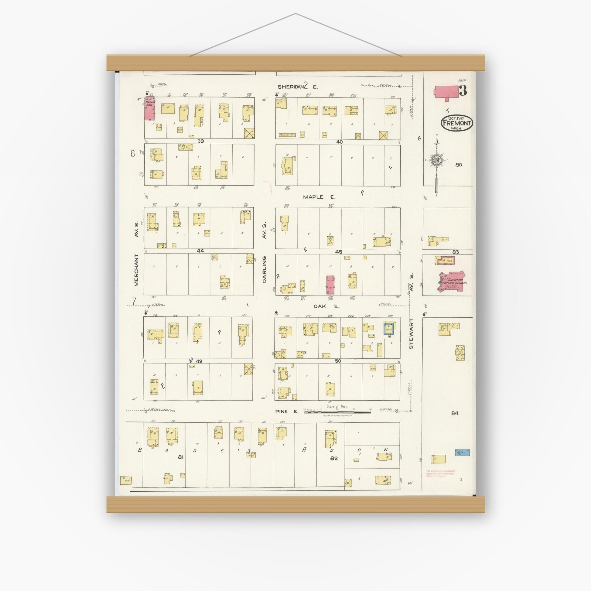 Old map wall art mockup — magnetic wood frame on white wall — Sanborn Fire Insurance Map from Fremont, Newaygo County, Michigan (1921), Sheet #0003
