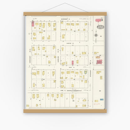 Old map wall art mockup — magnetic wood frame on white wall — Sanborn Fire Insurance Map from Fremont, Newaygo County, Michigan (1921), Sheet #0003