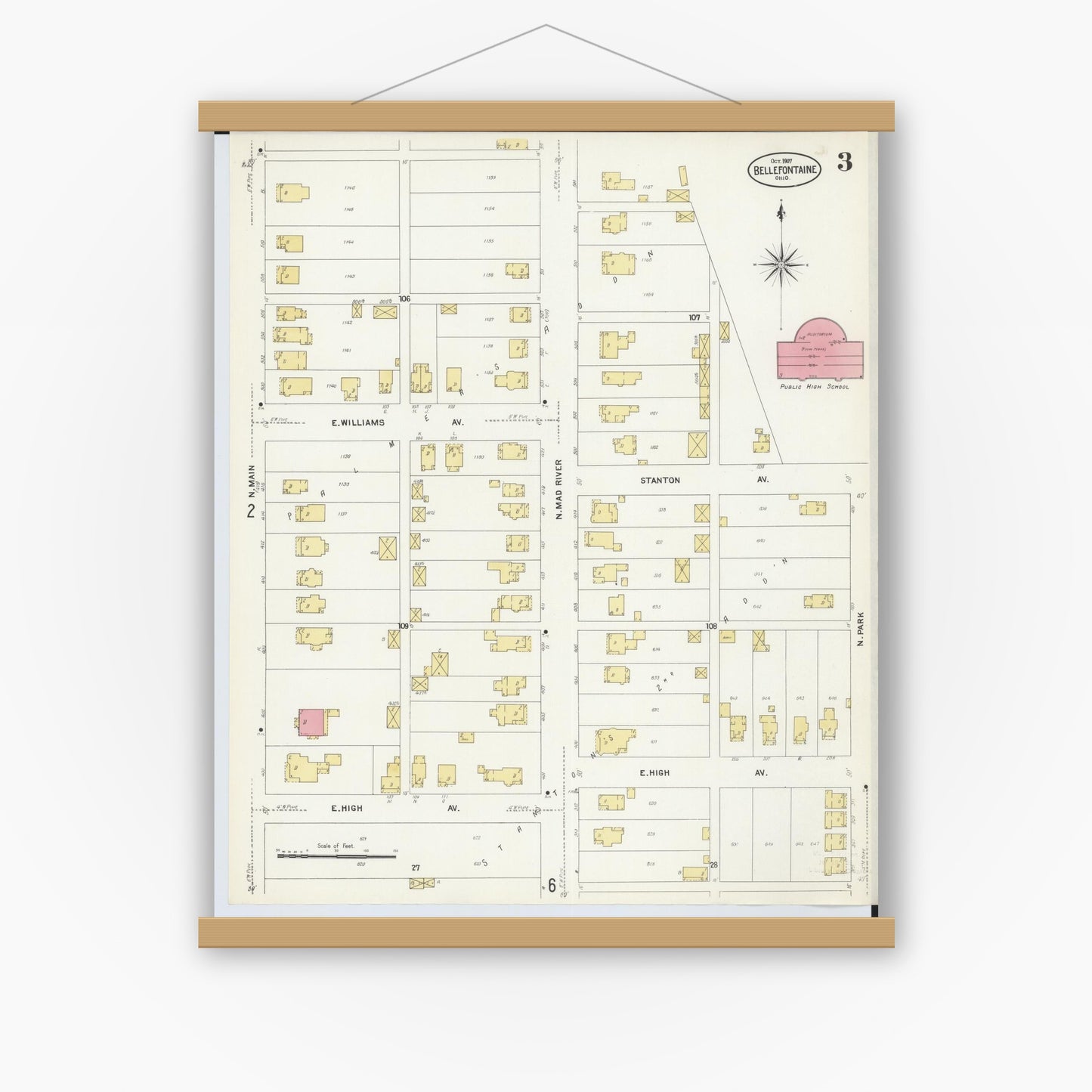 Old map wall art mockup — magnetic wood frame on white wall — Sanborn Fire Insurance Map from Bellefontaine, Logan County, Ohio (1907), Sheet #0003