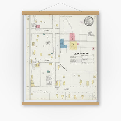 Old map wall art mockup — magnetic wood frame on white wall — Sanborn Fire Insurance Map from Chardon, Geauga County, Ohio (1893), Sheet #0001