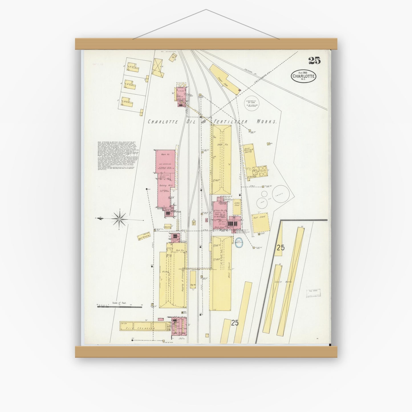 Old map wall art mockup — magnetic wood frame on white wall — Sanborn Fire Insurance Map from Charlotte, Mecklenburg County, North Carolina (1900), Sheet #0025