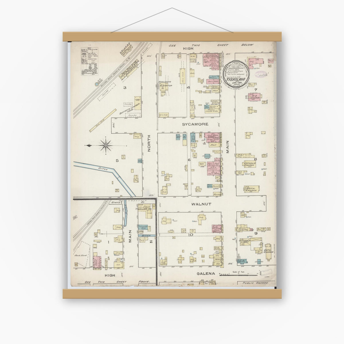 Old map wall art mockup — magnetic wood frame on white wall — Sanborn Fire Insurance Map from Tiskilwa, Bureau County, Illinois (1886), Sheet #0001
