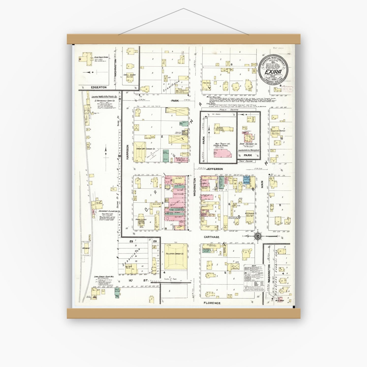 Old map wall art mockup — magnetic wood frame on white wall — Sanborn Fire Insurance Map from Exira, Audubon County, Iowa (1909), Sheet #0001