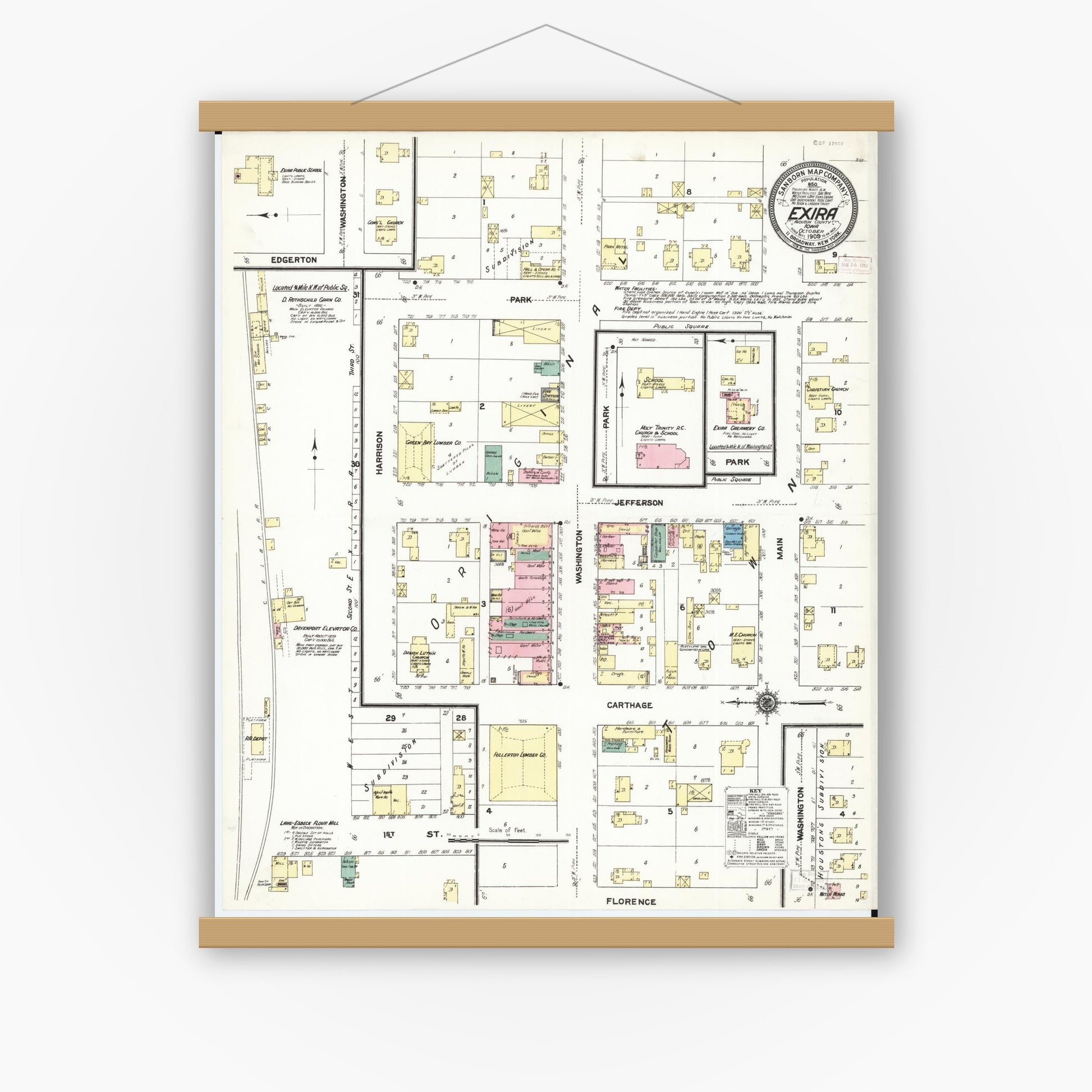 Old map wall art mockup — magnetic wood frame on white wall — Sanborn Fire Insurance Map from Exira, Audubon County, Iowa (1909), Sheet #0001