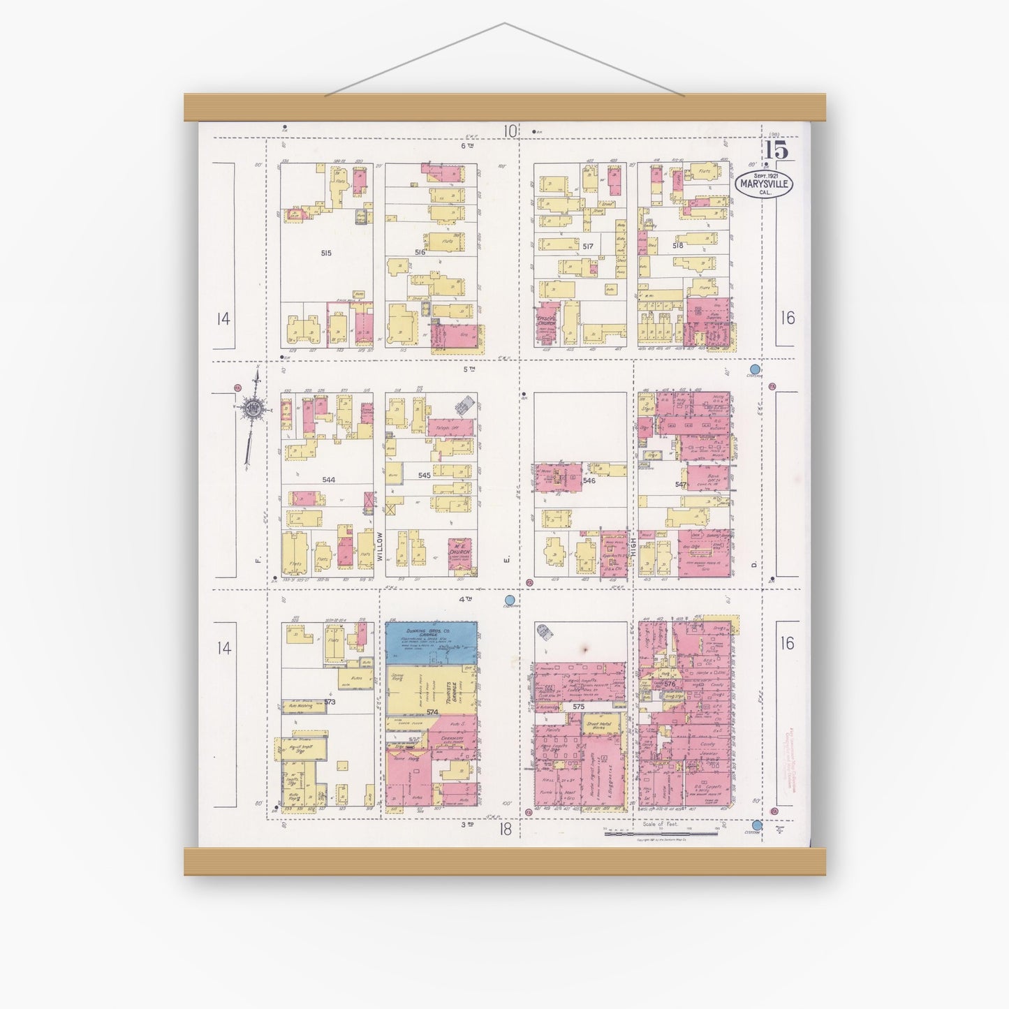 Old map wall art mockup — magnetic wood frame on white wall — Sanborn Fire Insurance Map from Marysville, Yuba County, California (1921), Sheet #0015