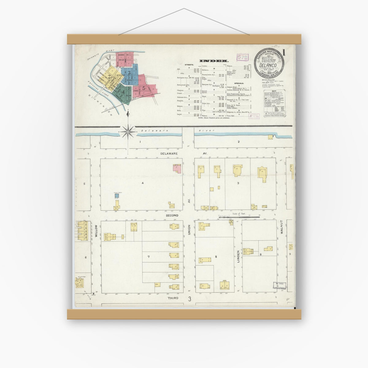 Old map wall art mockup — magnetic wood frame on white wall — Sanborn Fire Insurance Map from Delanco, Burlington County, New Jersey (1909), Sheet #0001