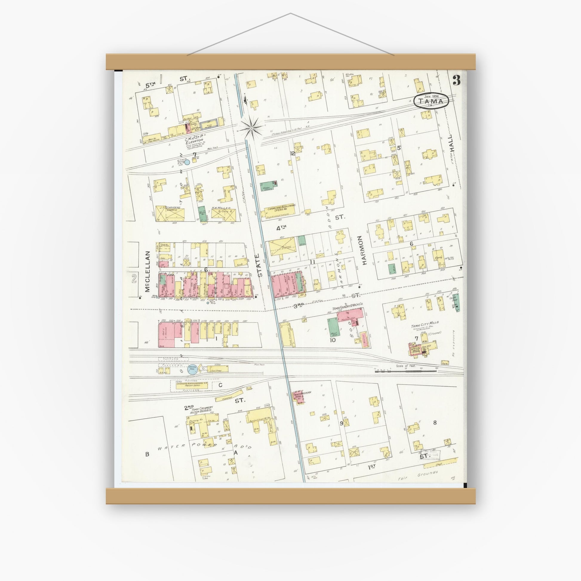 Old map wall art mockup — magnetic wood frame on white wall — Sanborn Fire Insurance Map from Tama, Tama County, Iowa (1894), Sheet #0003