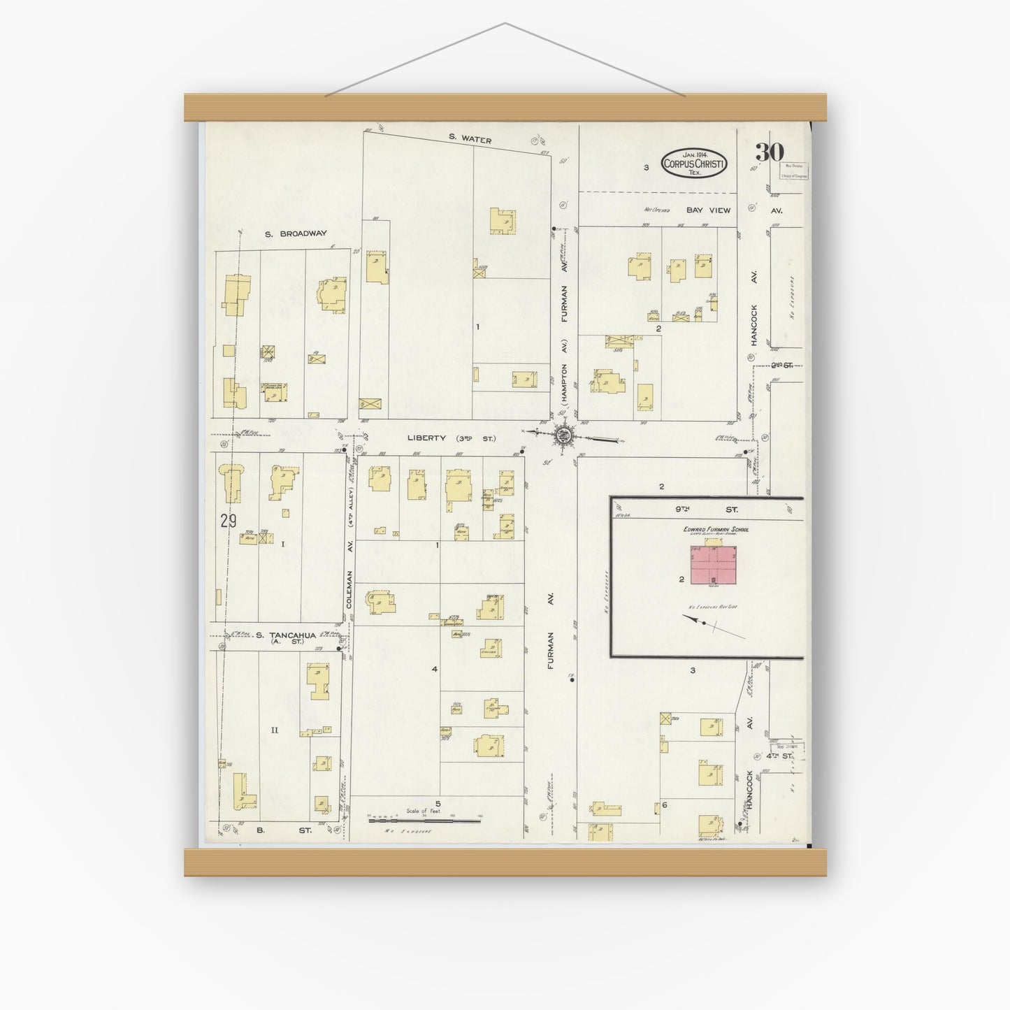 Old map wall art mockup — magnetic wood frame on white wall — Sanborn Fire Insurance Map from Corpus Christi, Nueces County, Texas (1914), Sheet #0030