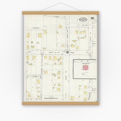 Old map wall art mockup — magnetic wood frame on white wall — Sanborn Fire Insurance Map from Corpus Christi, Nueces County, Texas (1914), Sheet #0030