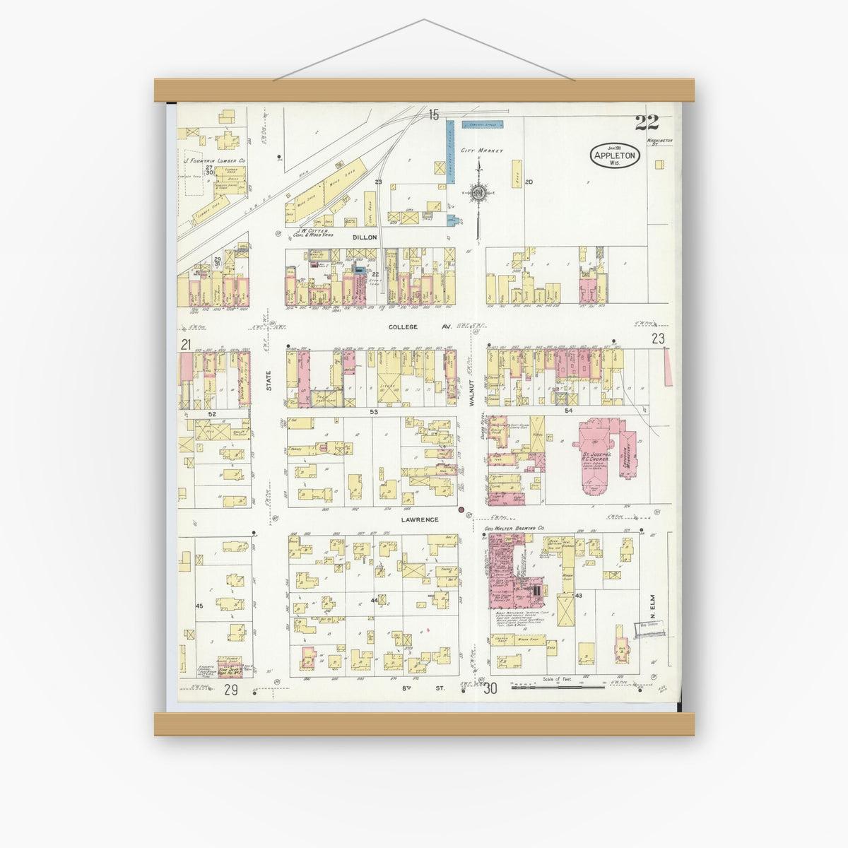 Old map wall art mockup — magnetic wood frame on white wall — Sanborn Fire Insurance Map from Appleton, Outagamie County, Wisconsin (1911), Sheet #0022