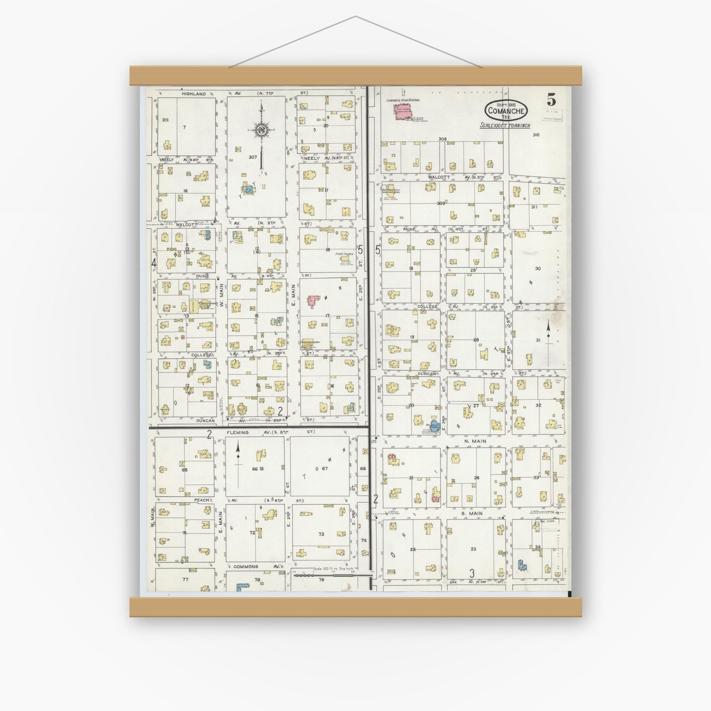 Old map wall art mockup — magnetic wood frame on white wall — Sanborn Fire Insurance Map from Comanche, Comanche County, Texas (1915), Sheet #0005