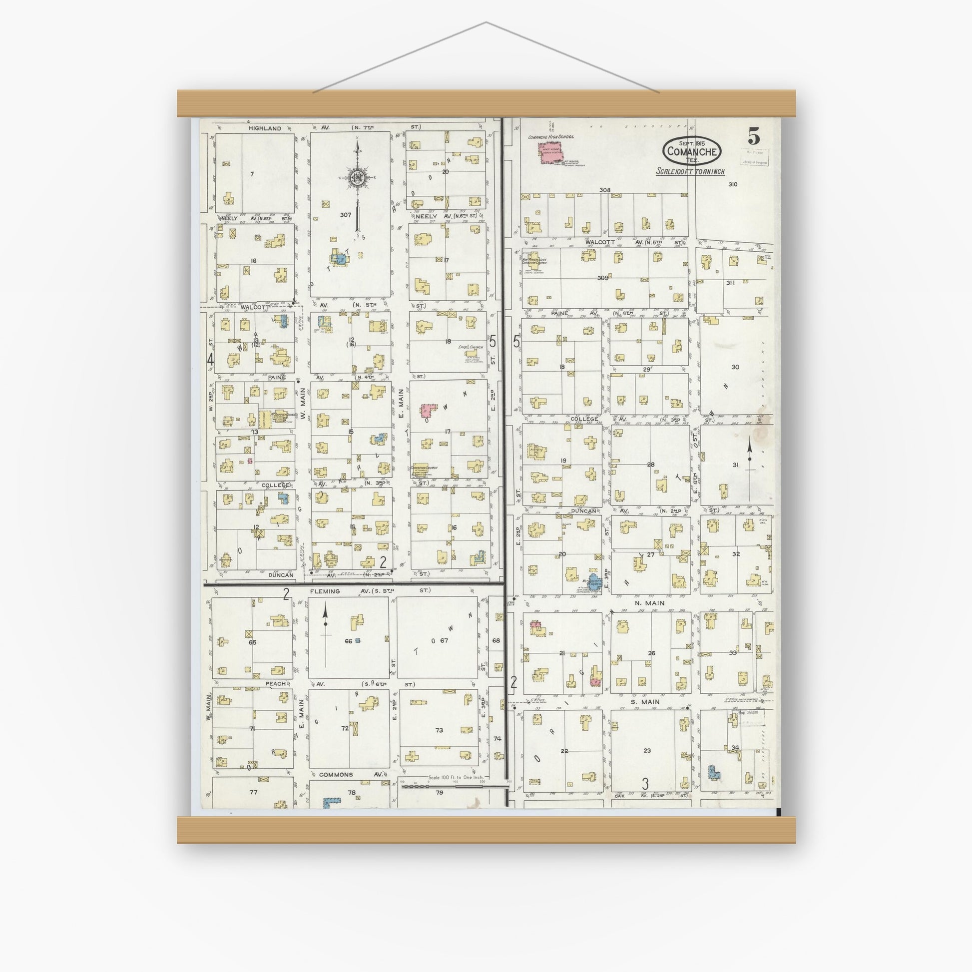 Old map wall art mockup — magnetic wood frame on white wall — Sanborn Fire Insurance Map from Comanche, Comanche County, Texas (1915), Sheet #0005