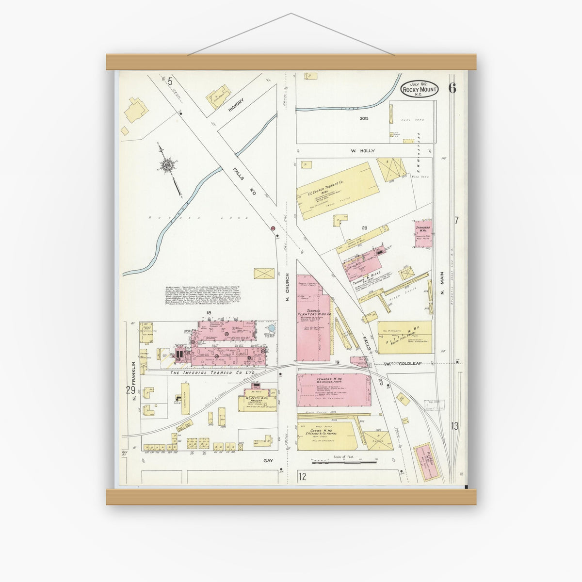 Old map wall art mockup — magnetic wood frame on white wall — Sanborn Fire Insurance Map from Rocky Mount, Edgecombe And Nash Counties, North Carolina (1912), Sheet #0006