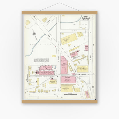 Old map wall art mockup — magnetic wood frame on white wall — Sanborn Fire Insurance Map from Rocky Mount, Edgecombe And Nash Counties, North Carolina (1912), Sheet #0006