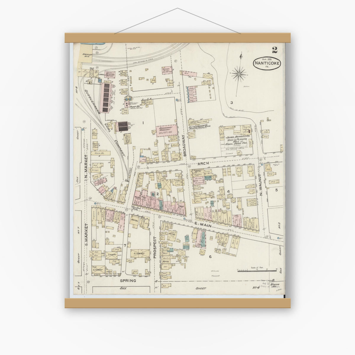 Old map wall art mockup — magnetic wood frame on white wall — Sanborn Fire Insurance Map from Nanticoke, Luzerne County, Pennsylvania (1888), Sheet #0002