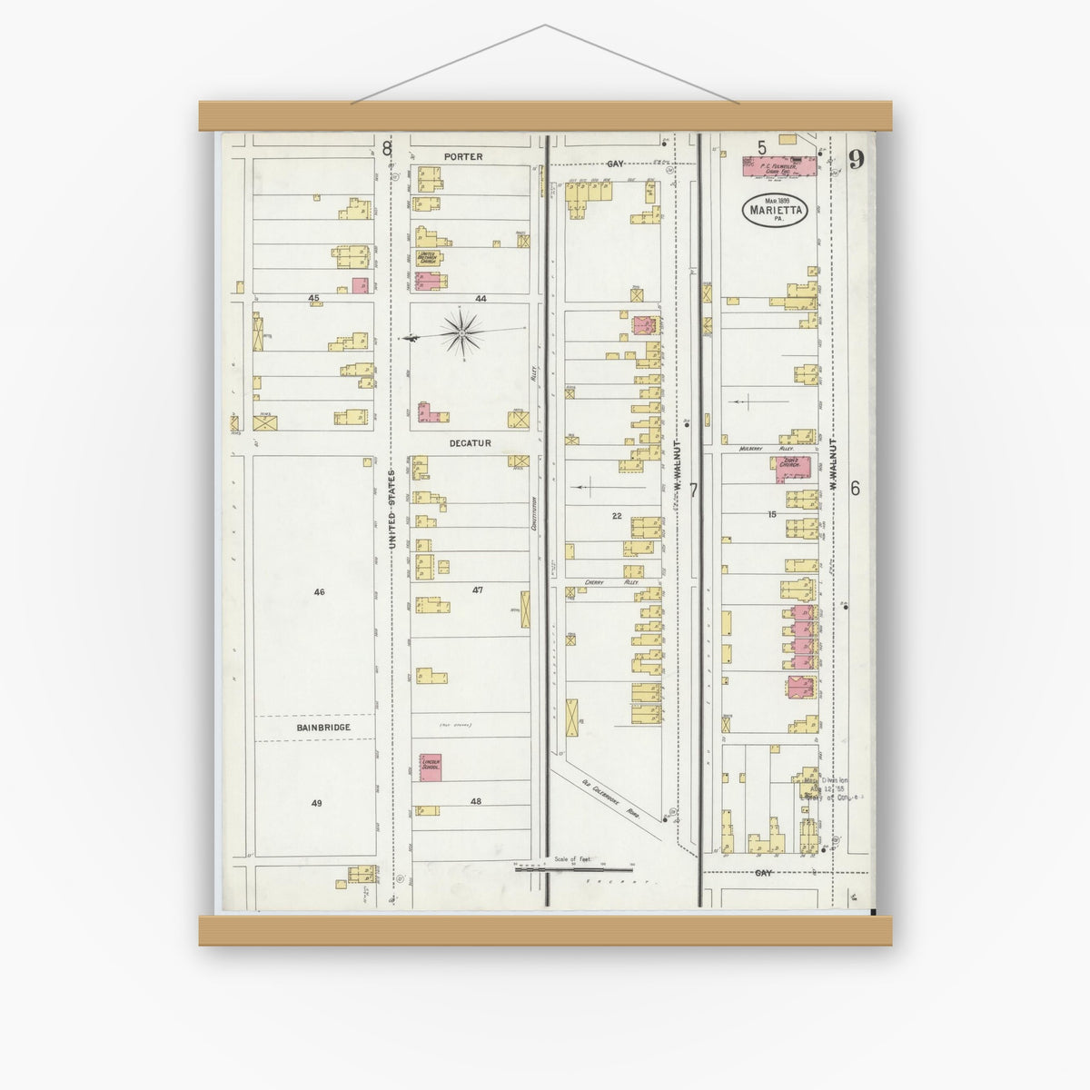 Old map wall art mockup — magnetic wood frame on white wall — Sanborn Fire Insurance Map from Marietta, Lancaster County, Pennsylvania (1899), Sheet #0009