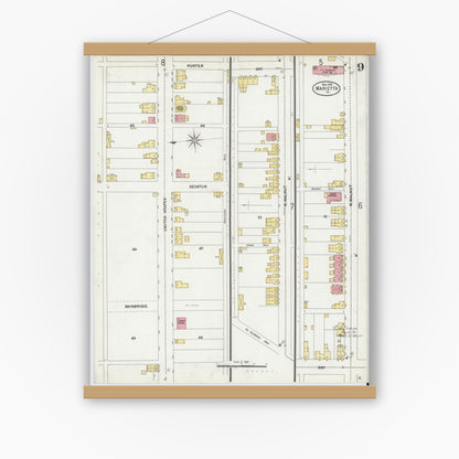 Old map wall art mockup — magnetic wood frame on white wall — Sanborn Fire Insurance Map from Marietta, Lancaster County, Pennsylvania (1899), Sheet #0009