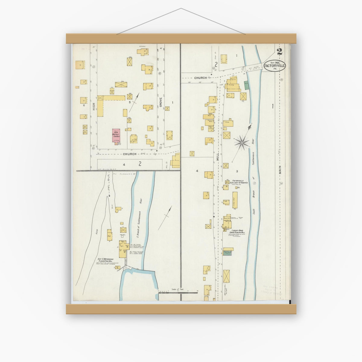 Old map wall art mockup — magnetic wood frame on white wall — Sanborn Fire Insurance Map from Factoryville, Wyoming County, Pennsylvania (1903), Sheet #0002
