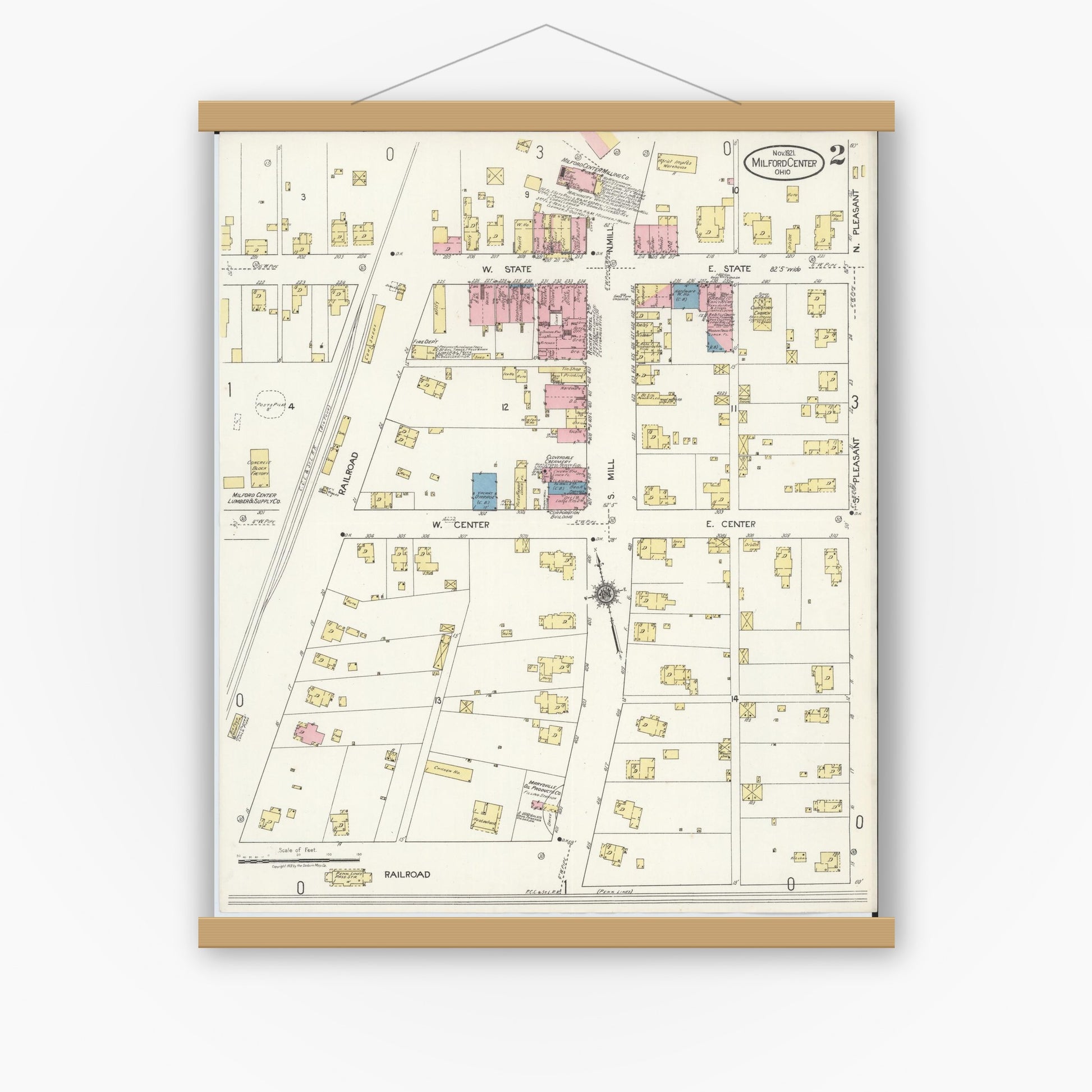Old map wall art mockup — magnetic wood frame on white wall — Sanborn Fire Insurance Map from Milford Center, Union County, Ohio (1921), Sheet #0002