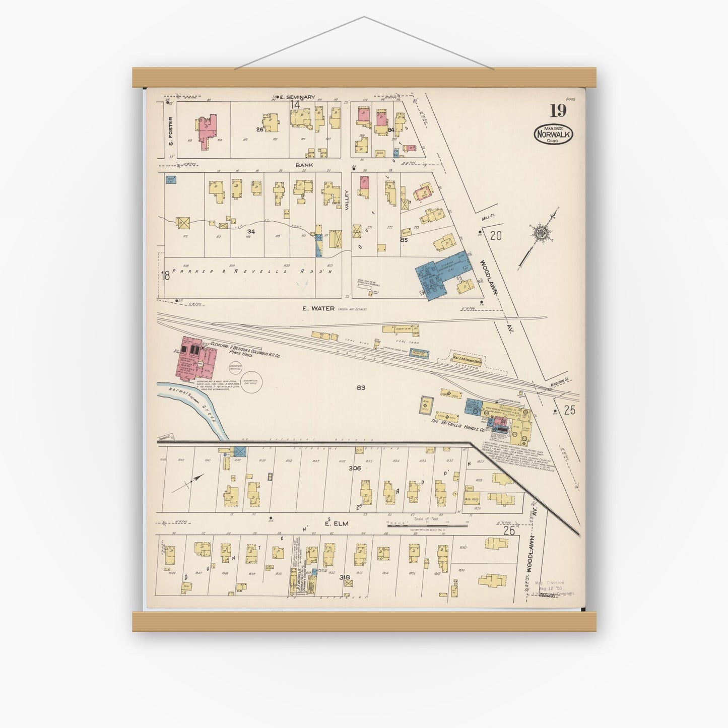 Old map wall art mockup — magnetic wood frame on white wall — Sanborn Fire Insurance Map from Norwalk, Huron County, Ohio (1922), Sheet #0019