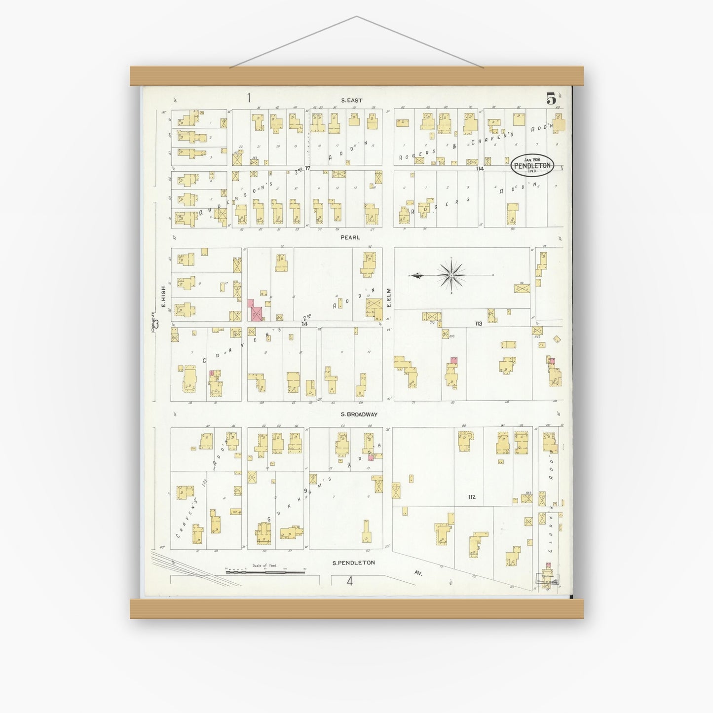 Old map wall art mockup — magnetic wood frame on white wall — Sanborn Fire Insurance Map from Pendleton, Madison County, Indiana (1908), Sheet #0005