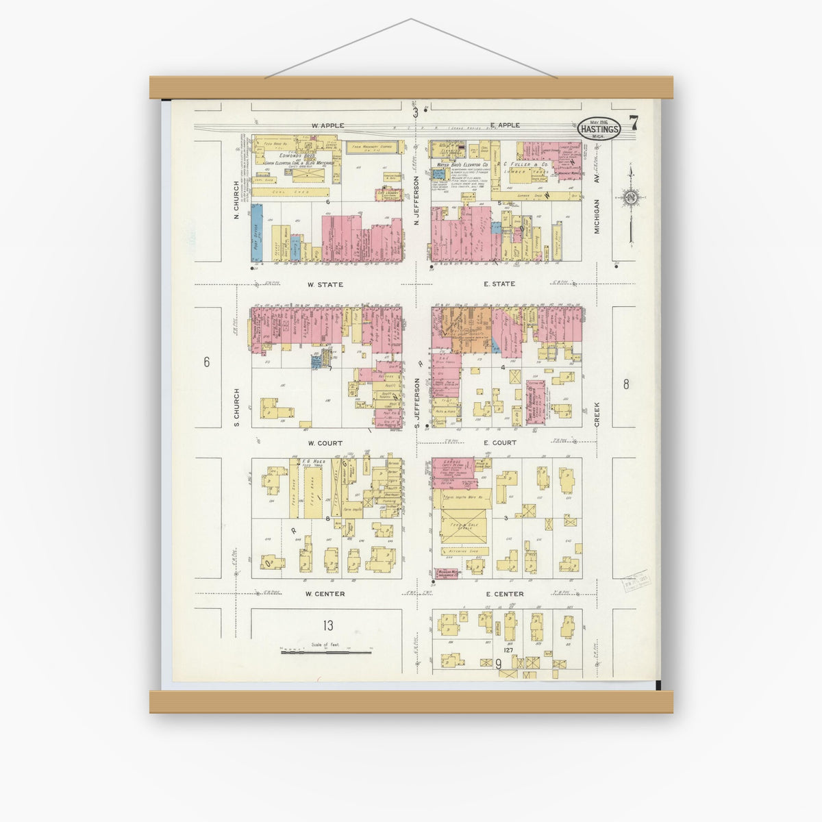 Old map wall art mockup — magnetic wood frame on white wall — Sanborn Fire Insurance Map from Hastings, Barry County, Michigan (1916), Sheet #0007