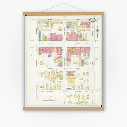 Old map wall art mockup — magnetic wood frame on white wall — Sanborn Fire Insurance Map from Hastings, Barry County, Michigan (1916), Sheet #0007