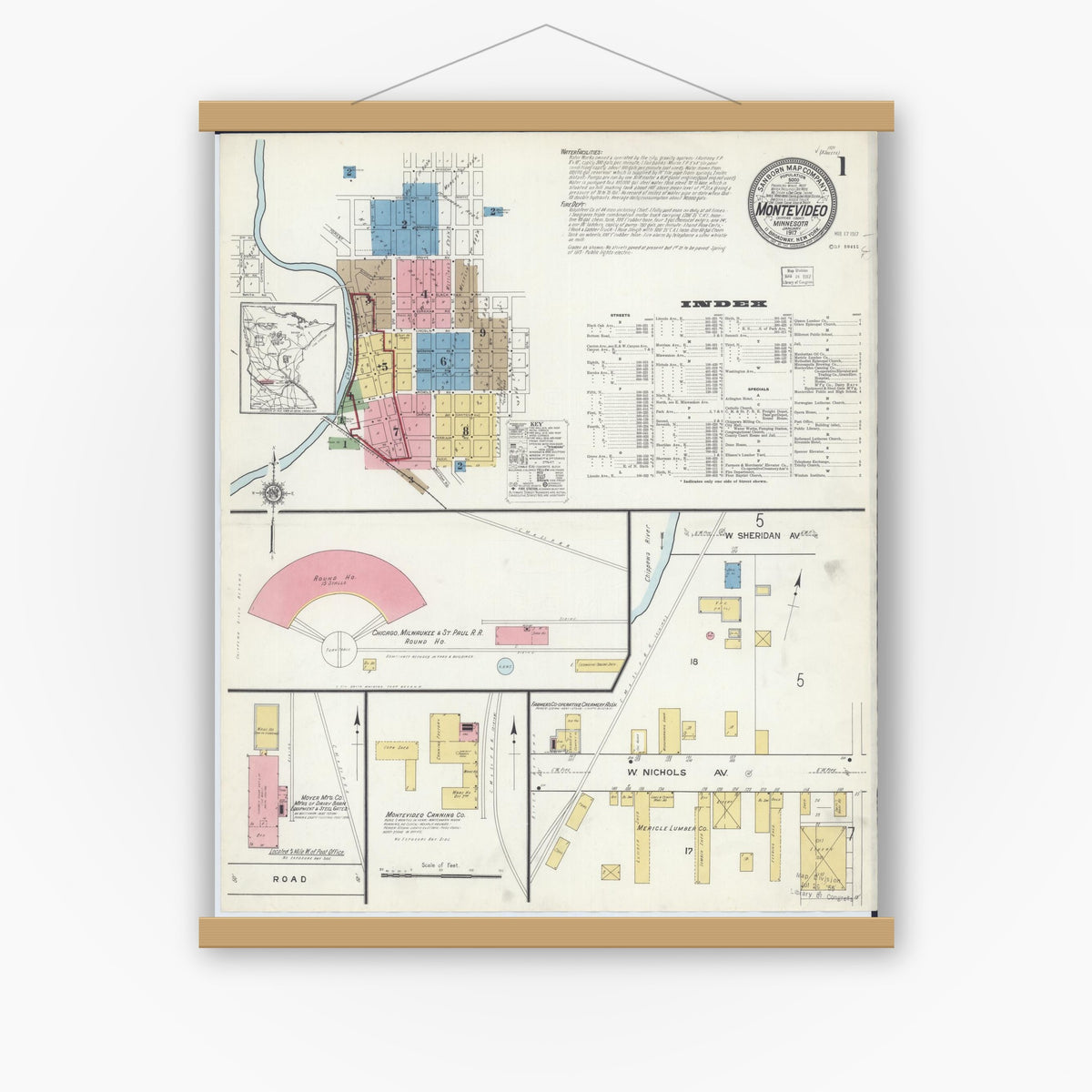 Old map wall art mockup — magnetic wood frame on white wall — Sanborn Fire Insurance Map from Montevideo, Chippewa County, Minnesota (1917) - Complete Map Set