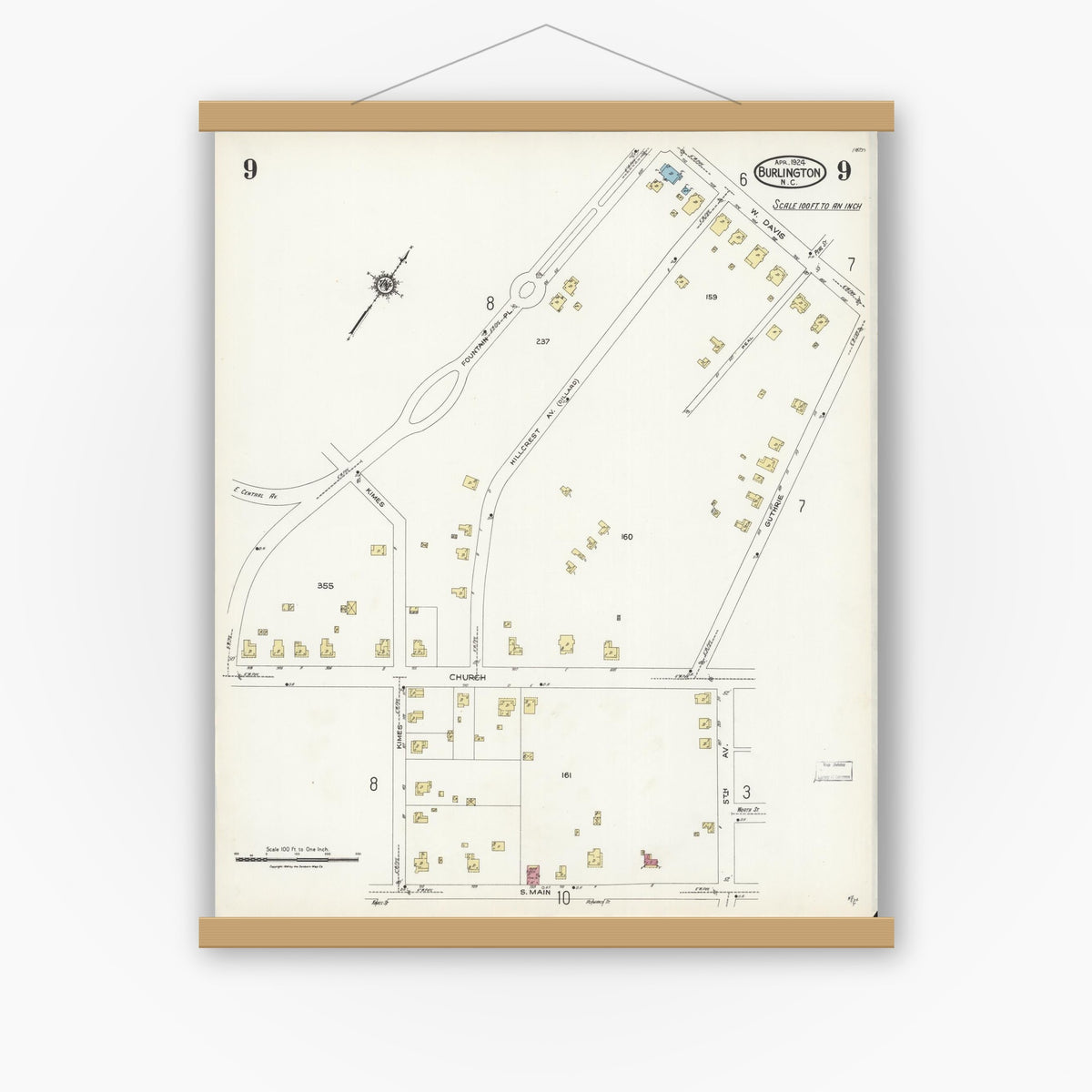 Old map wall art mockup — magnetic wood frame on white wall — Sanborn Fire Insurance Map from Burlington, Alamance County, North Carolina (1924), Sheet #0009