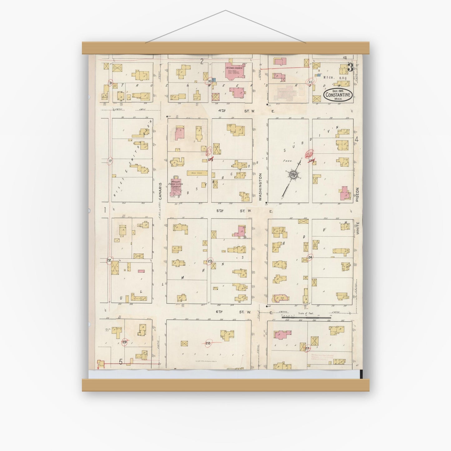 Old map wall art mockup — magnetic wood frame on white wall — Sanborn Fire Insurance Map from Constantine, Saint Joseph County, Michigan (1932), Sheet #0003