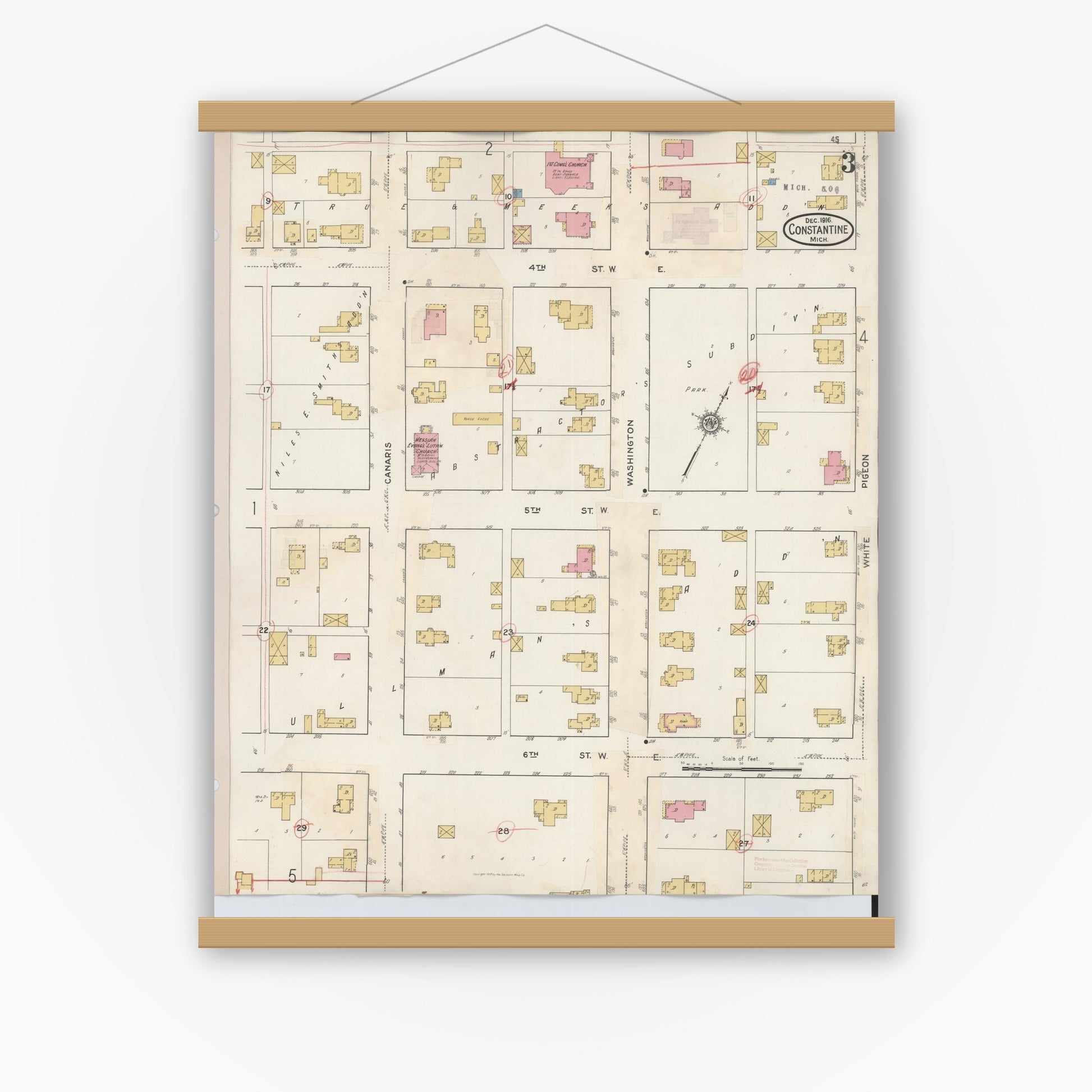 Old map wall art mockup — magnetic wood frame on white wall — Sanborn Fire Insurance Map from Constantine, Saint Joseph County, Michigan (1932), Sheet #0003