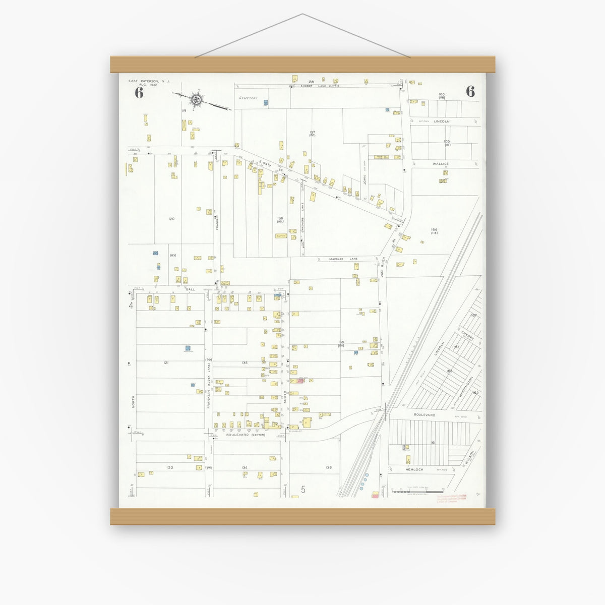 Old map wall art mockup — magnetic wood frame on white wall — Sanborn Fire Insurance Map from East Paterson, Bergen County, New Jersey (1932), Sheet #0006