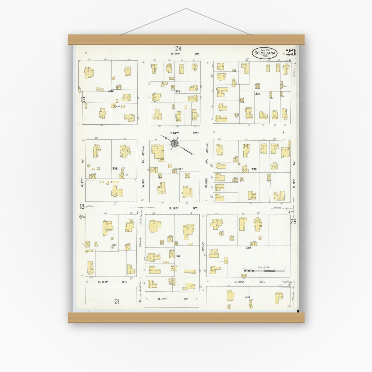 Old map wall art mockup — magnetic wood frame on white wall — Sanborn Fire Insurance Map from Corsicana, Navarro County, Texas (1910), Sheet #0023