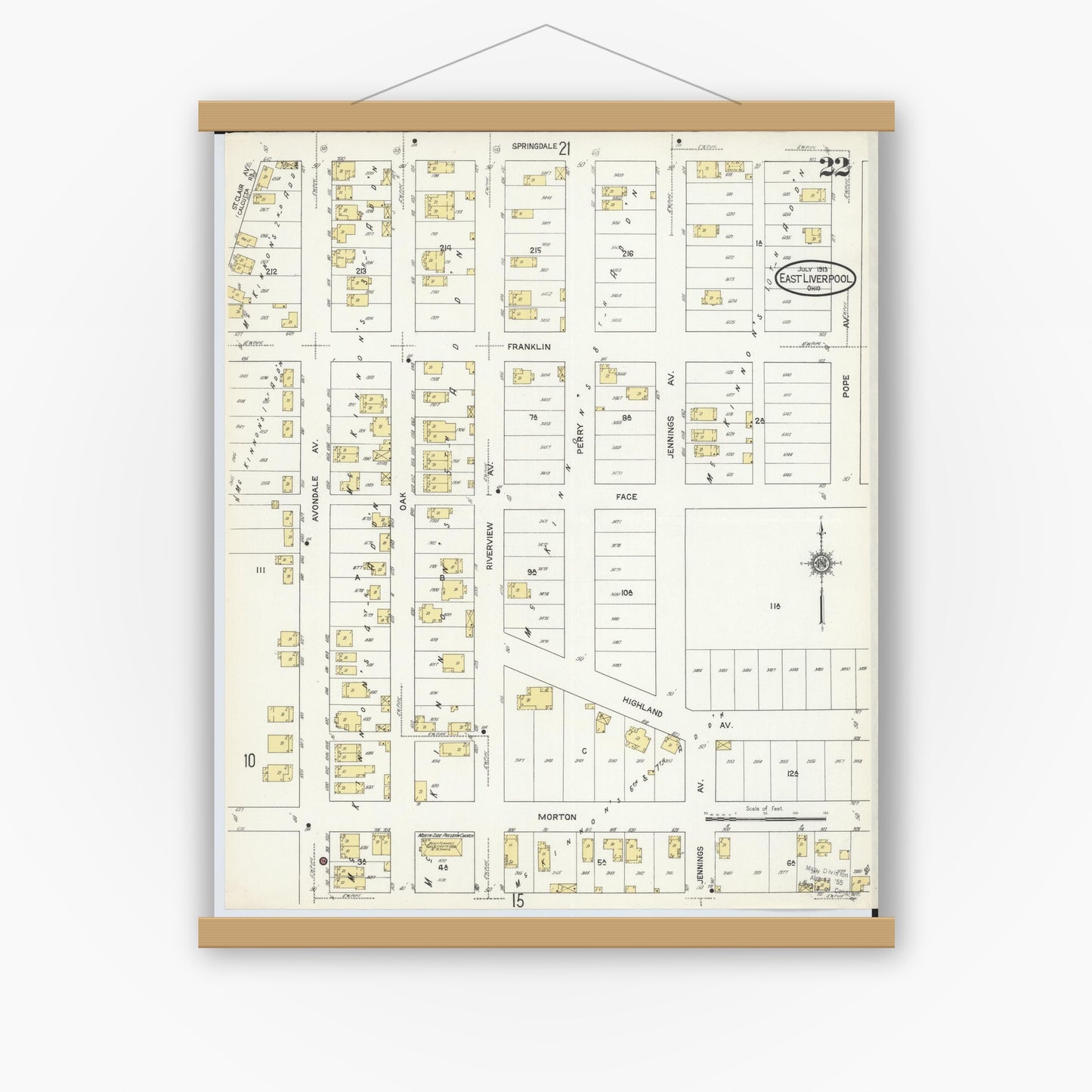 Old map wall art mockup — magnetic wood frame on white wall — Sanborn Fire Insurance Map from East Liverpool, Columbiana County, Ohio (1913), Sheet #0022