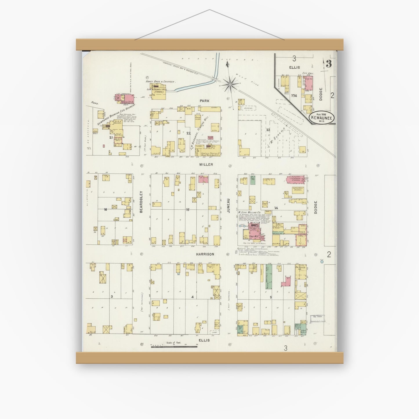 Old map wall art mockup — magnetic wood frame on white wall — Sanborn Fire Insurance Map from Kewaunee, Kewaunee County, Wisconsin (1898), Sheet #0003