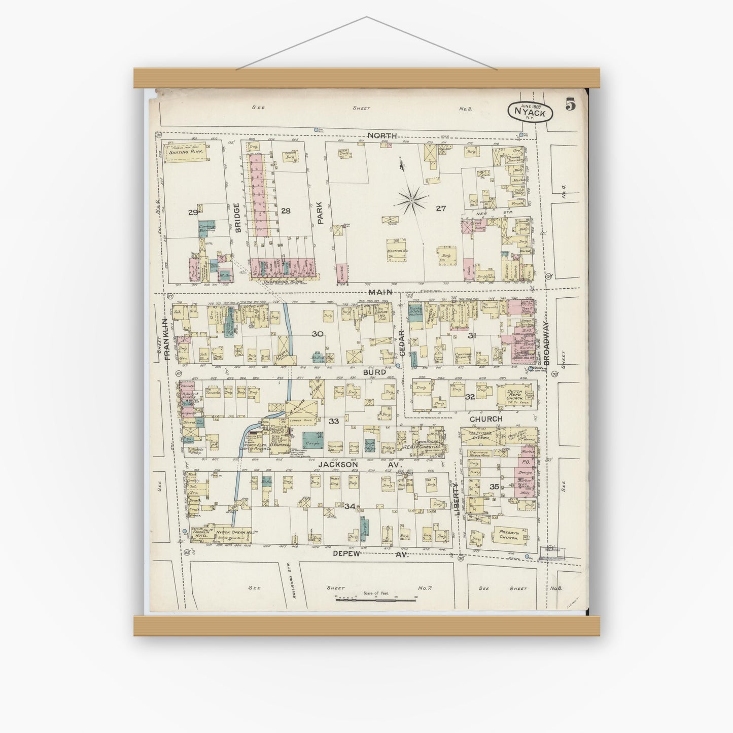 Old map wall art mockup — magnetic wood frame on white wall — Sanborn Fire Insurance Map from Nyack, Rockland County, New York. (1887), Sheet #0005