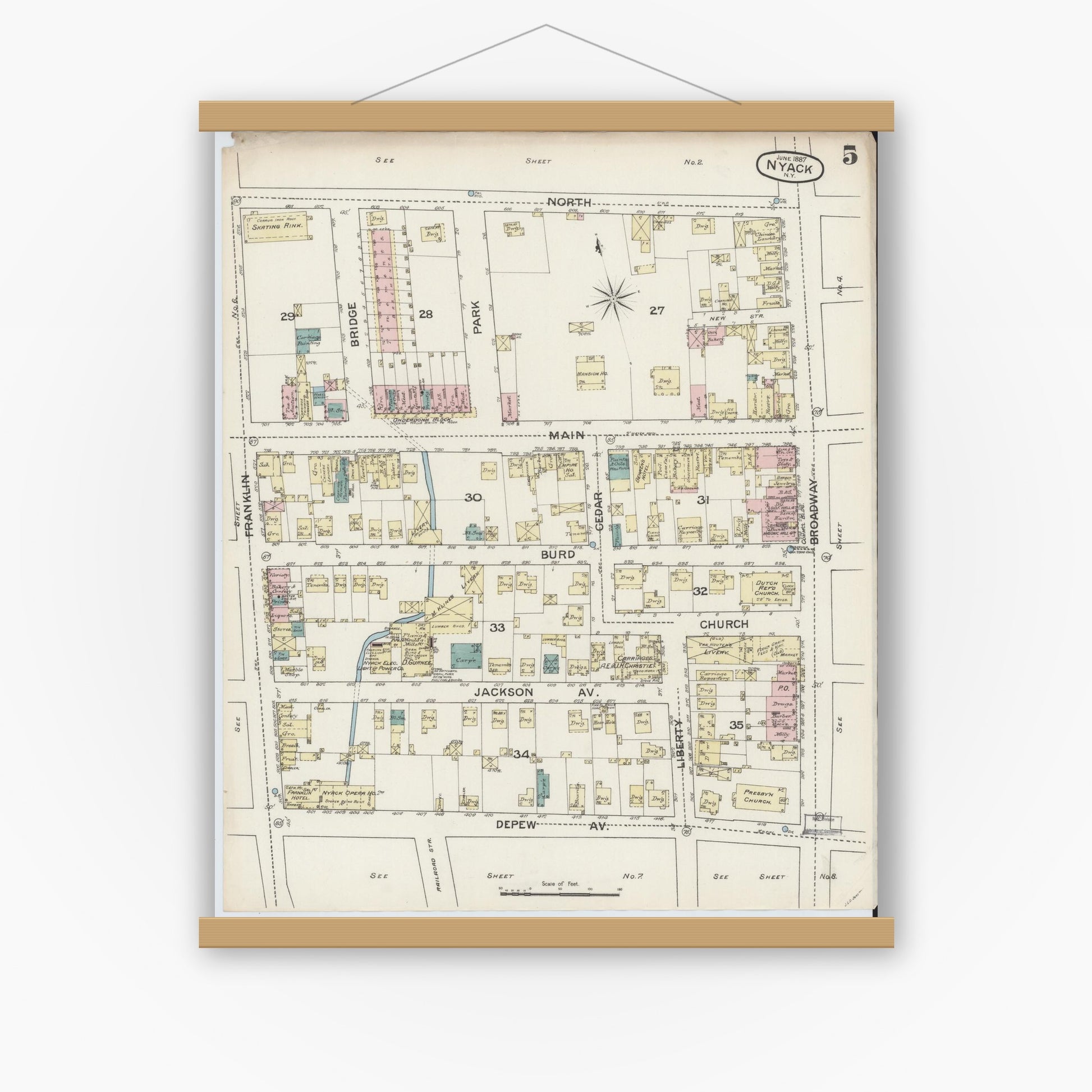 Old map wall art mockup — magnetic wood frame on white wall — Sanborn Fire Insurance Map from Nyack, Rockland County, New York. (1887), Sheet #0005