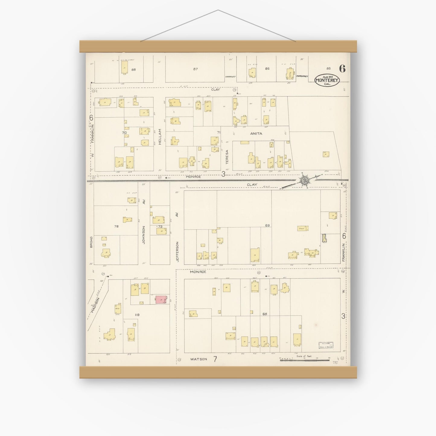 Old map wall art mockup — magnetic wood frame on white wall — Sanborn Fire Insurance Map from Monterey, Monterey County, California (1912), Sheet #0006
