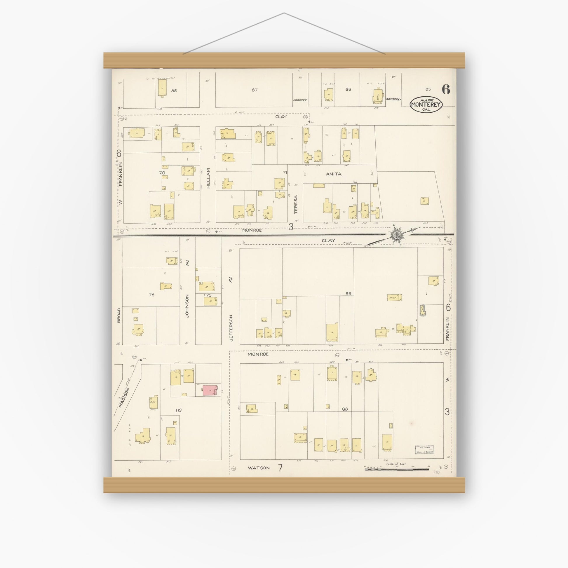 Old map wall art mockup — magnetic wood frame on white wall — Sanborn Fire Insurance Map from Monterey, Monterey County, California (1912), Sheet #0006