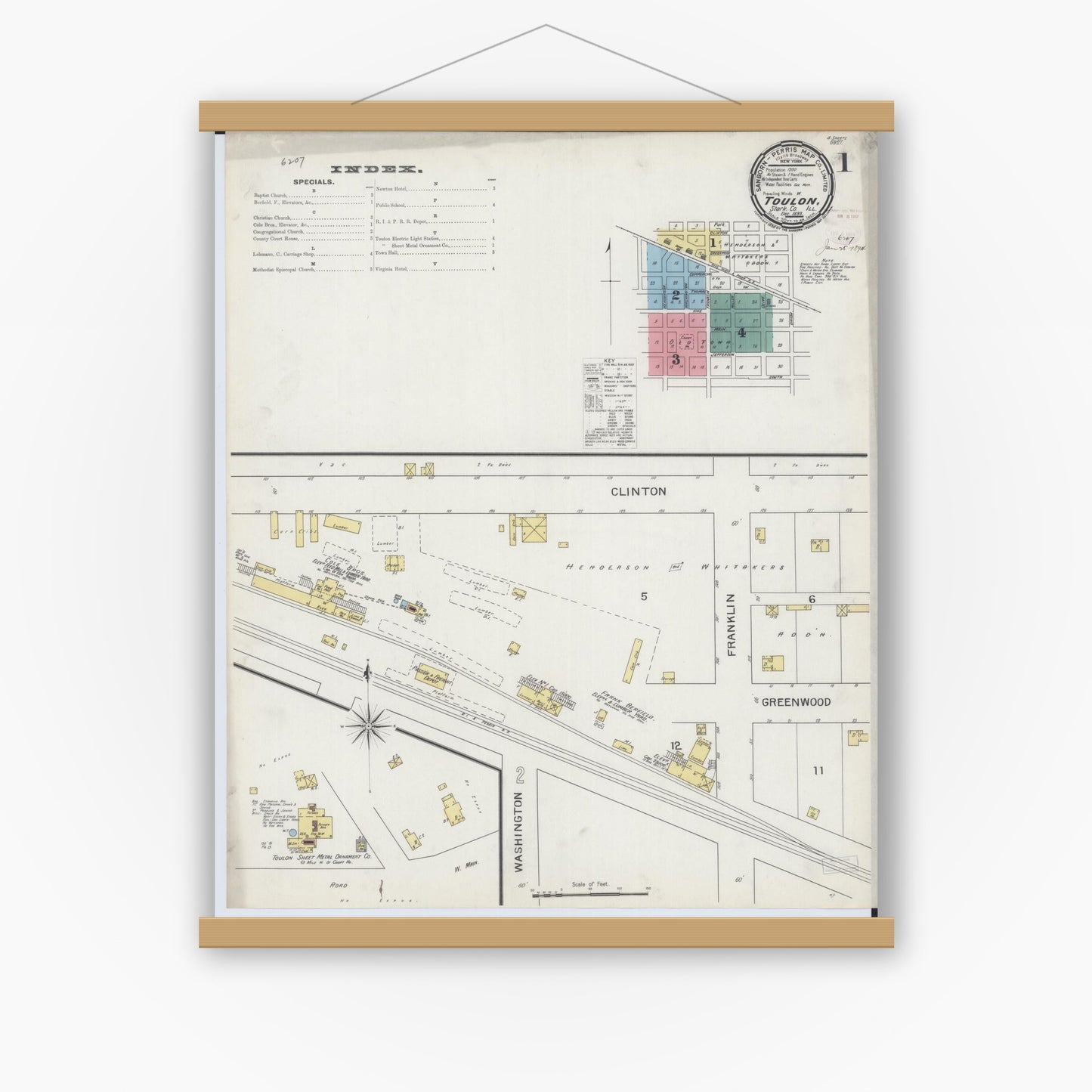 Old map wall art mockup — magnetic wood frame on white wall — Sanborn Fire Insurance Map from Toulon, Stark County, Illinois (1893) - Complete Map Set