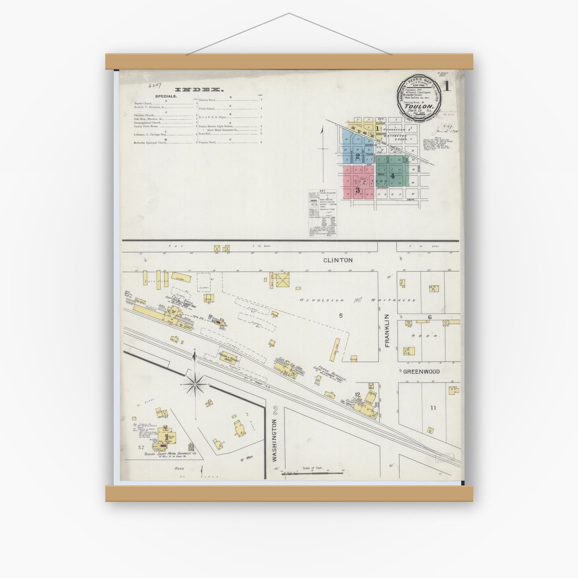 Old map wall art mockup — magnetic wood frame on white wall — Sanborn Fire Insurance Map from Toulon, Stark County, Illinois (1893) - Complete Map Set