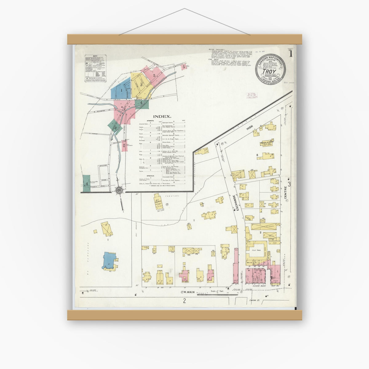 Old map wall art mockup — magnetic wood frame on white wall — Sanborn Fire Insurance Map from Troy, Bradford County, Pennsylvania (1911) - Complete Map Set