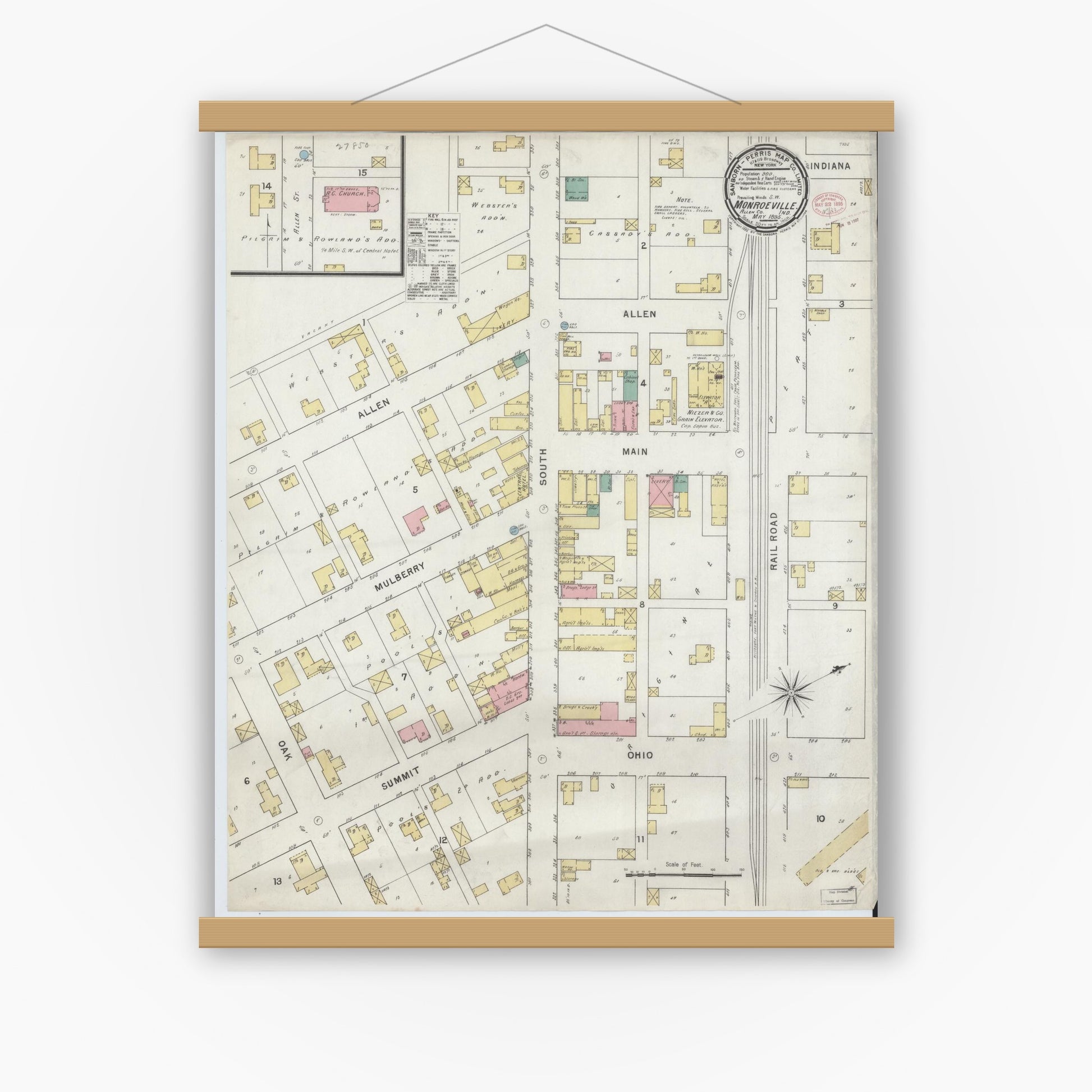 Old map wall art mockup — magnetic wood frame on white wall — Sanborn Fire Insurance Map from Monroeville, Allen County, Indiana (1895), Sheet #0001