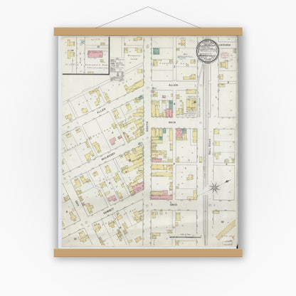 Old map wall art mockup — magnetic wood frame on white wall — Sanborn Fire Insurance Map from Monroeville, Allen County, Indiana (1895), Sheet #0001