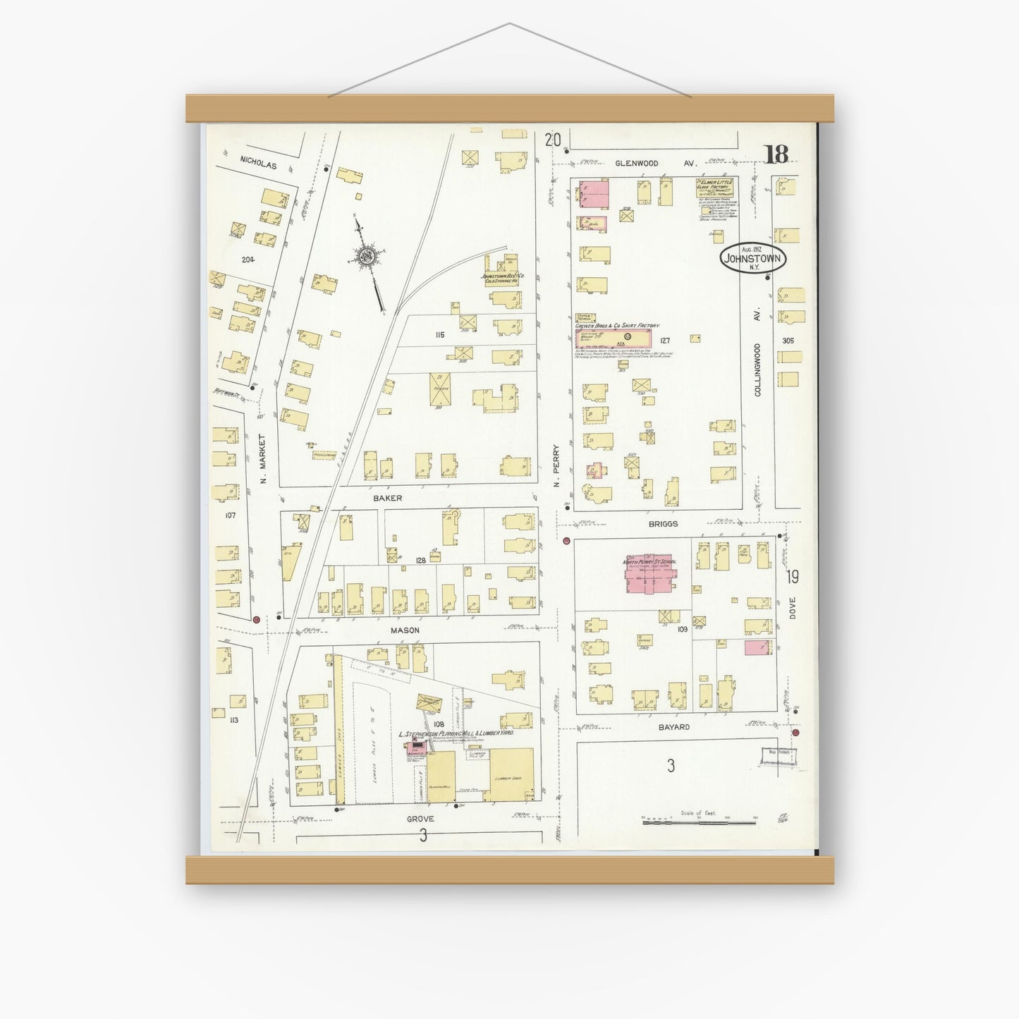 Old map wall art mockup — magnetic wood frame on white wall — Sanborn Fire Insurance Map from Johnstown, Fulton County, New York (1912), Sheet #0018