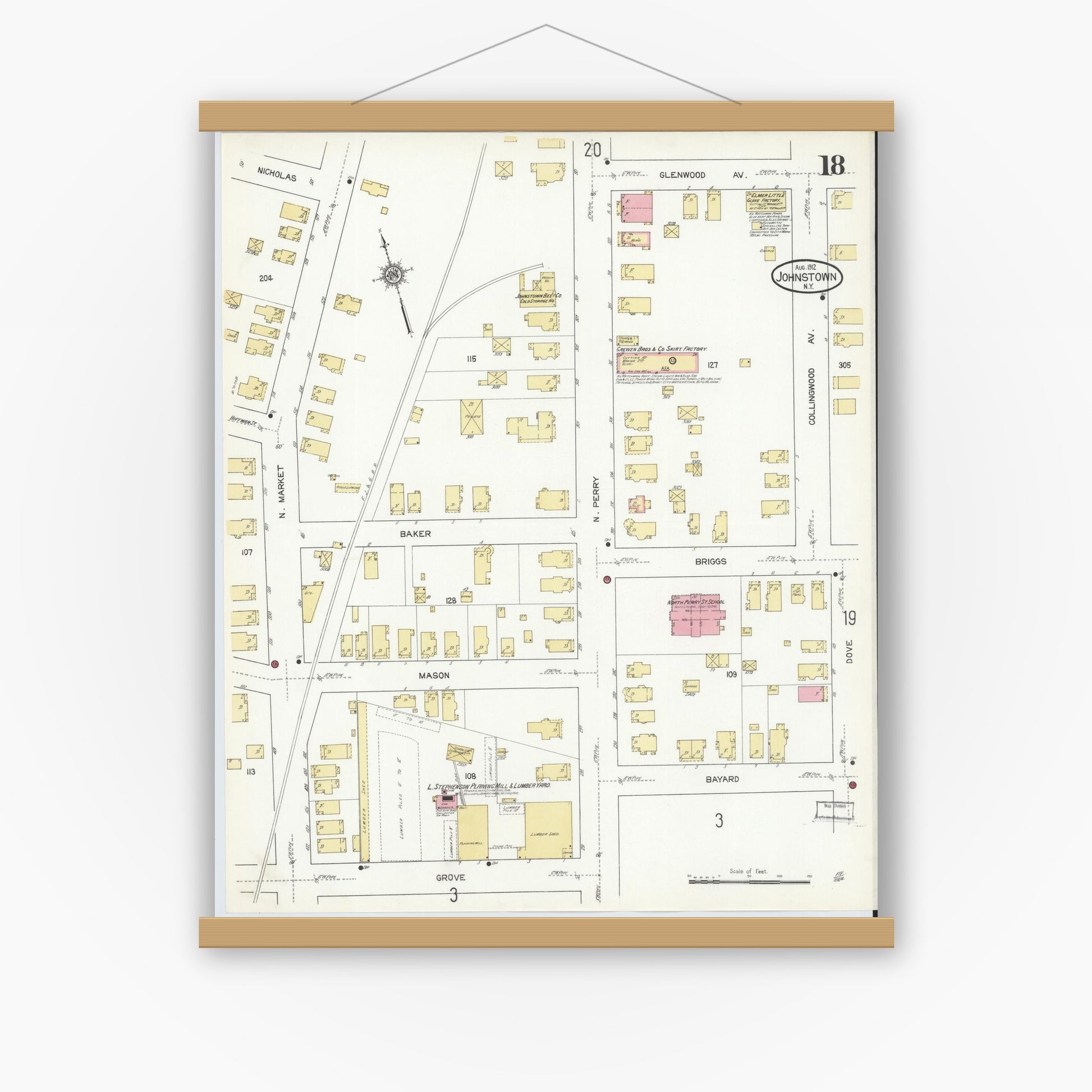 Old map wall art mockup — magnetic wood frame on white wall — Sanborn Fire Insurance Map from Johnstown, Fulton County, New York (1912), Sheet #0018
