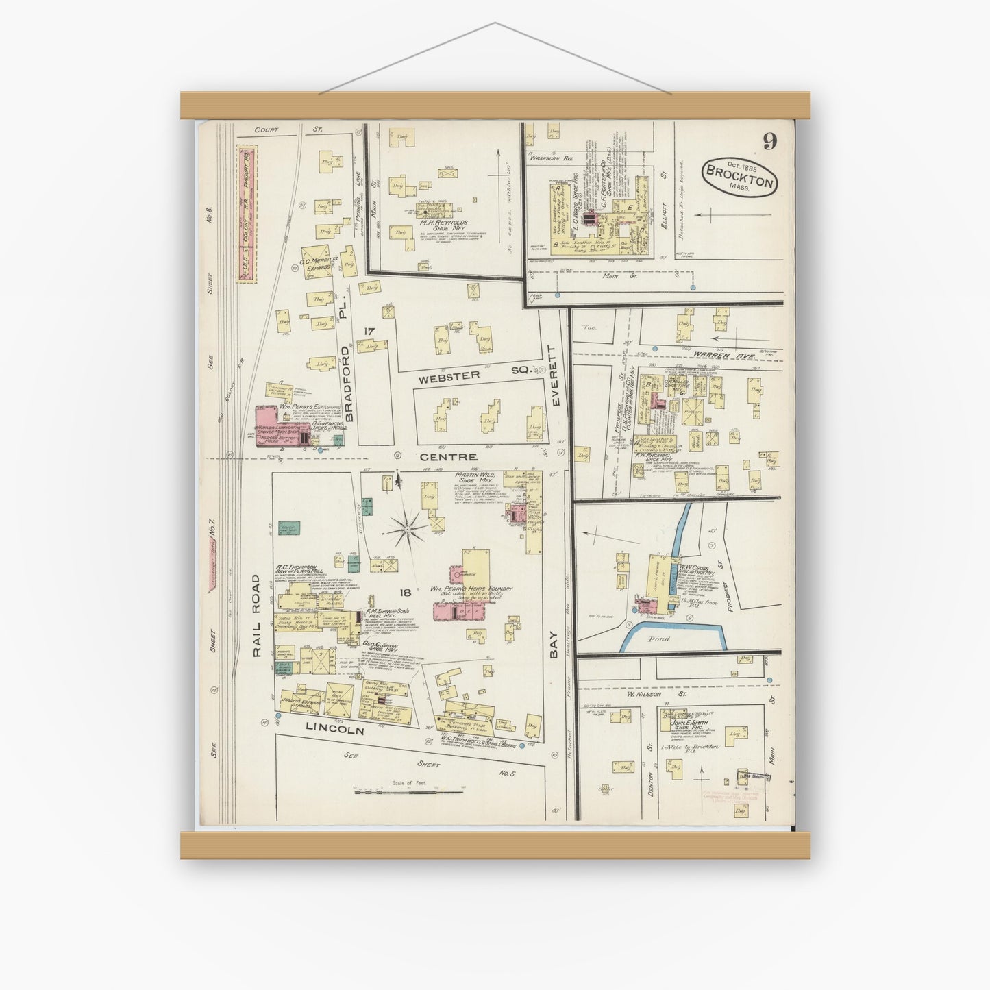 Old map wall art mockup — magnetic wood frame on white wall — Sanborn Fire Insurance Map from Brockton, Plymouth County, Massachusetts (1885), Sheet #0009